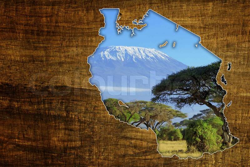 Vintage Tanzania Wildlife Map Design on papyrus with Kilimanjaro, stock photo