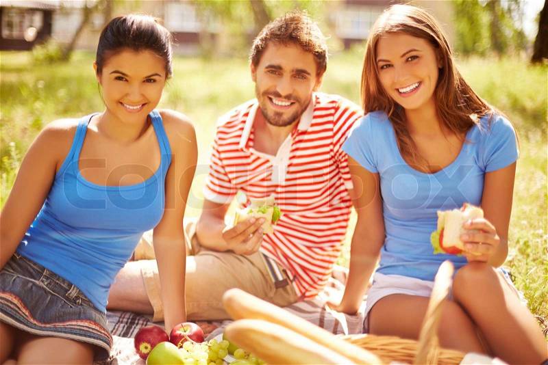 Group of young friends eating sandwiches at picnic in the country, stock photo
