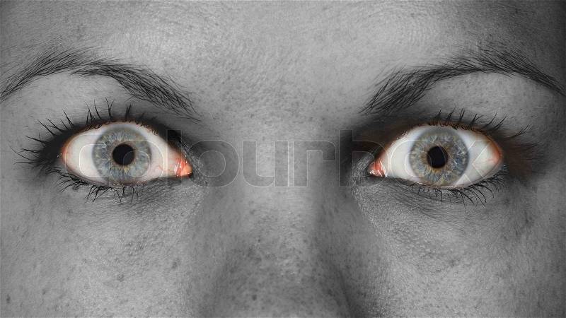 Women eye, close-up, blue eyes, grey skin, stock photo