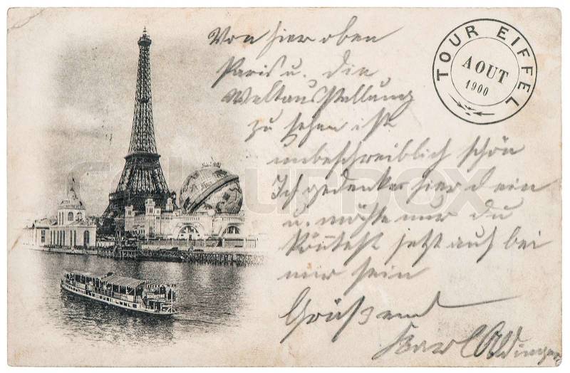 Rare vintage postcard with Eiffel Tower in Paris, France, circa 1900, stock photo