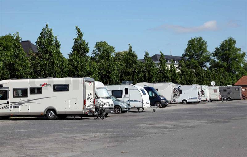 Mobile homes parked in the city of Munster, North Rhine-Westphalia, Germany, stock photo